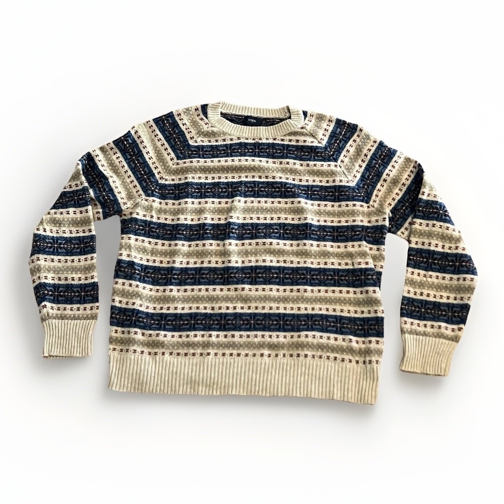 J Crew Men's Striped Fair Isle Crew Neck Sweater Size XL  Beige‎ Blue